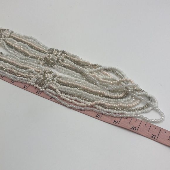 White/Blush/Silver 10-stranded glass beaded necklace and earring set. 21” long - Picture 6 of 6